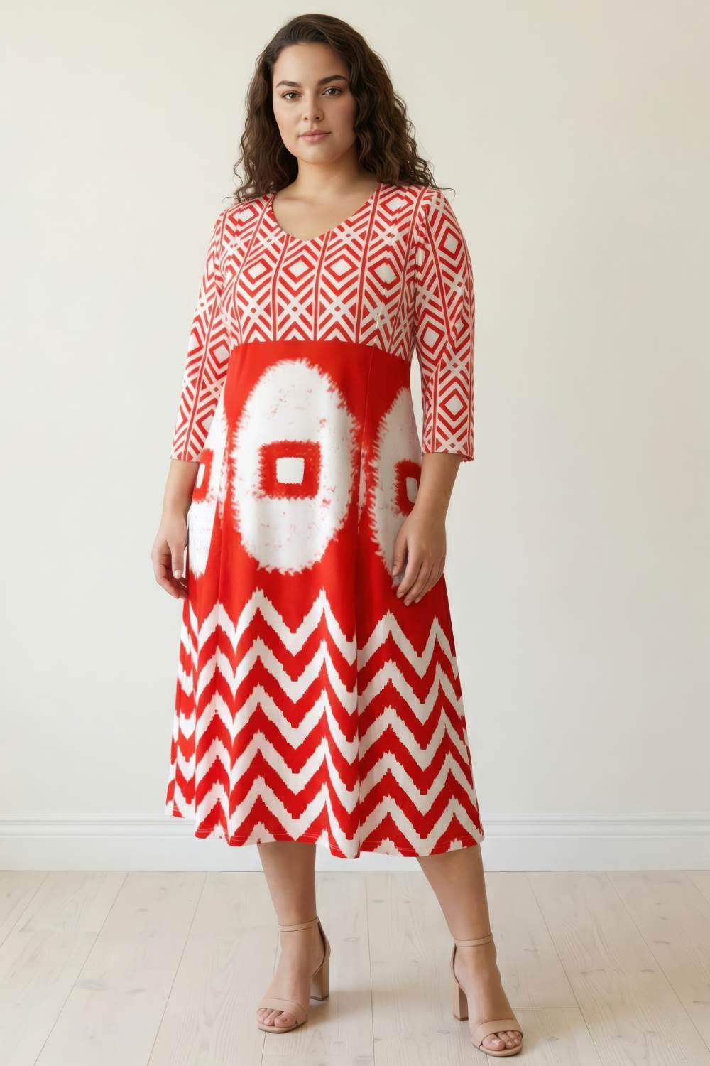 Comfortable Plus Size Red & White Geometric Print A line Dress