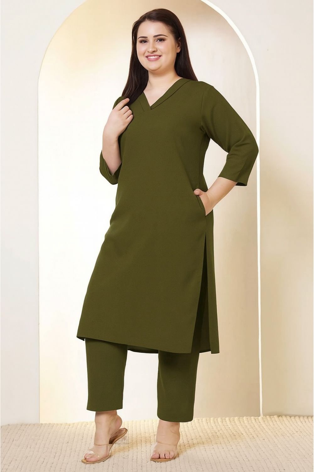 Plus Size Olive Green Cotton Linen Kurta Coord Set