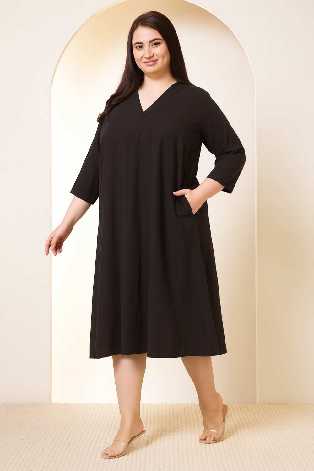 Plus Size Black Cotton Linen Midi Dress