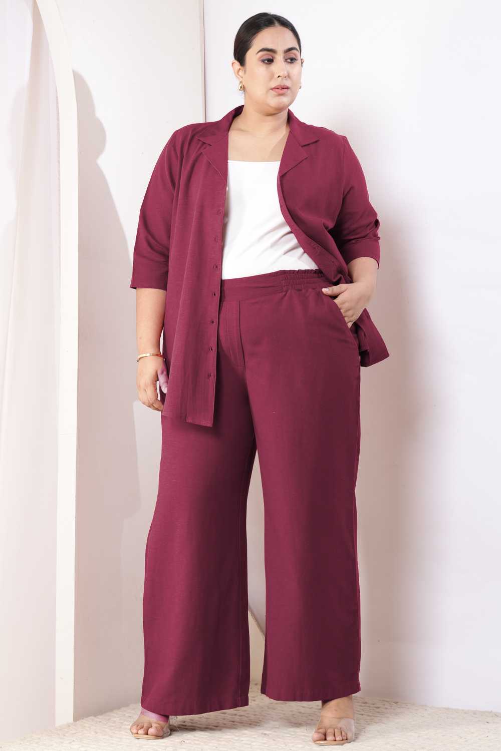 Plus Size Plus Size Wine Cotton Linen High Waist Pants