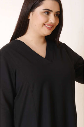 Plus Size Black Cotton Linen Midi Dress