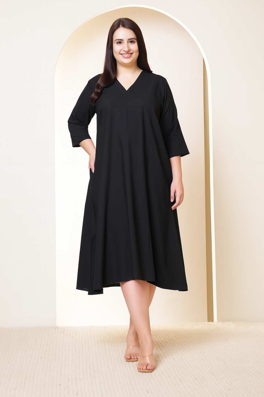 Plus Size Black Cotton Linen Midi Dress