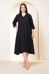 Plus Size Black Cotton Linen Midi Dress