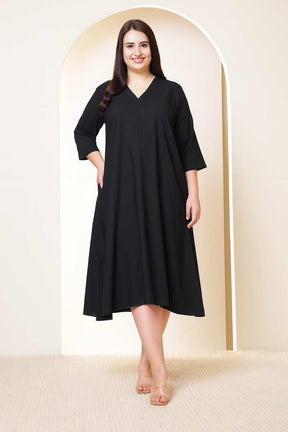 Plus Size Black Cotton Linen Midi Dress