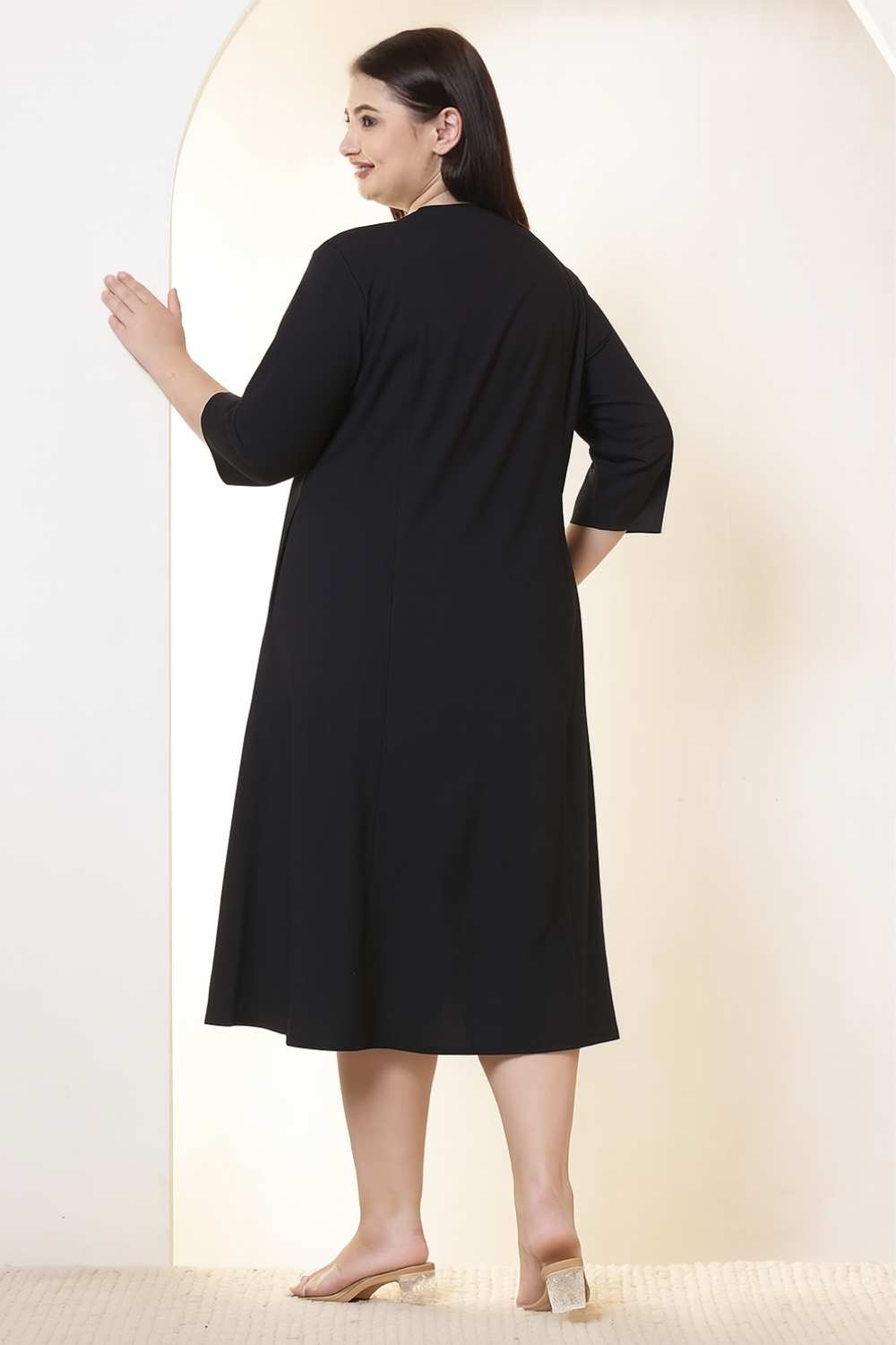 Comfortable Plus Size Black Cotton Linen Midi Dress