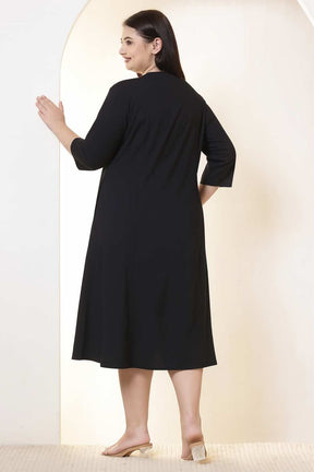Plus Size Black Cotton Linen Midi Dress
