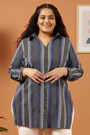Plus Size Grey & Blue Striped Cotton High Slit Longline Shirt