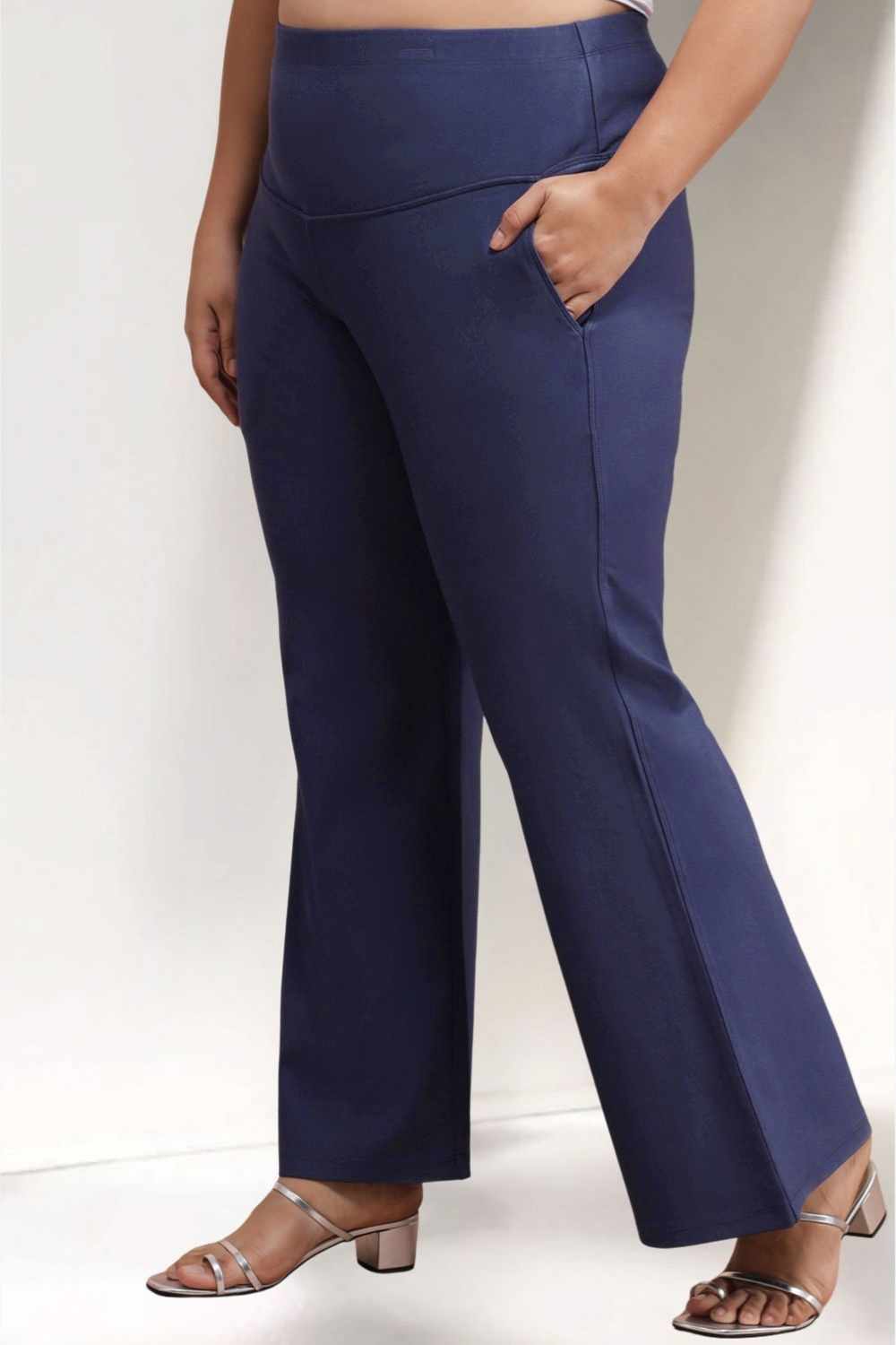 Comfortable Plus Size Denim Blue Tummy Shaper Flare Pants
