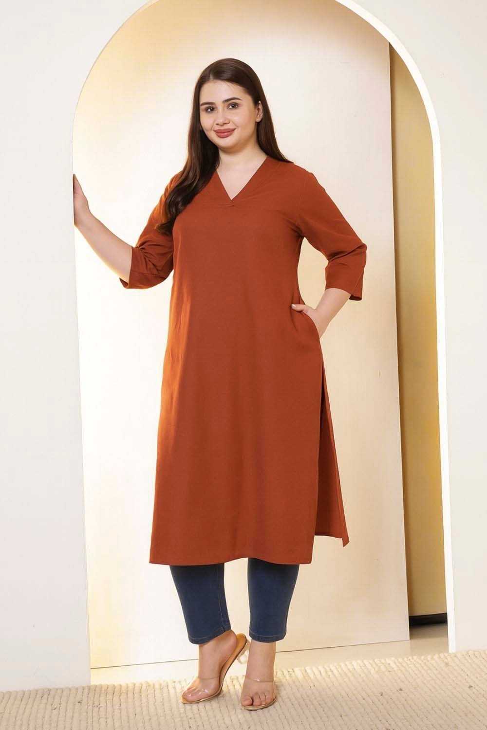 Plus Size Rust Brown V-Neck Cotton Linen V Neck Kurta