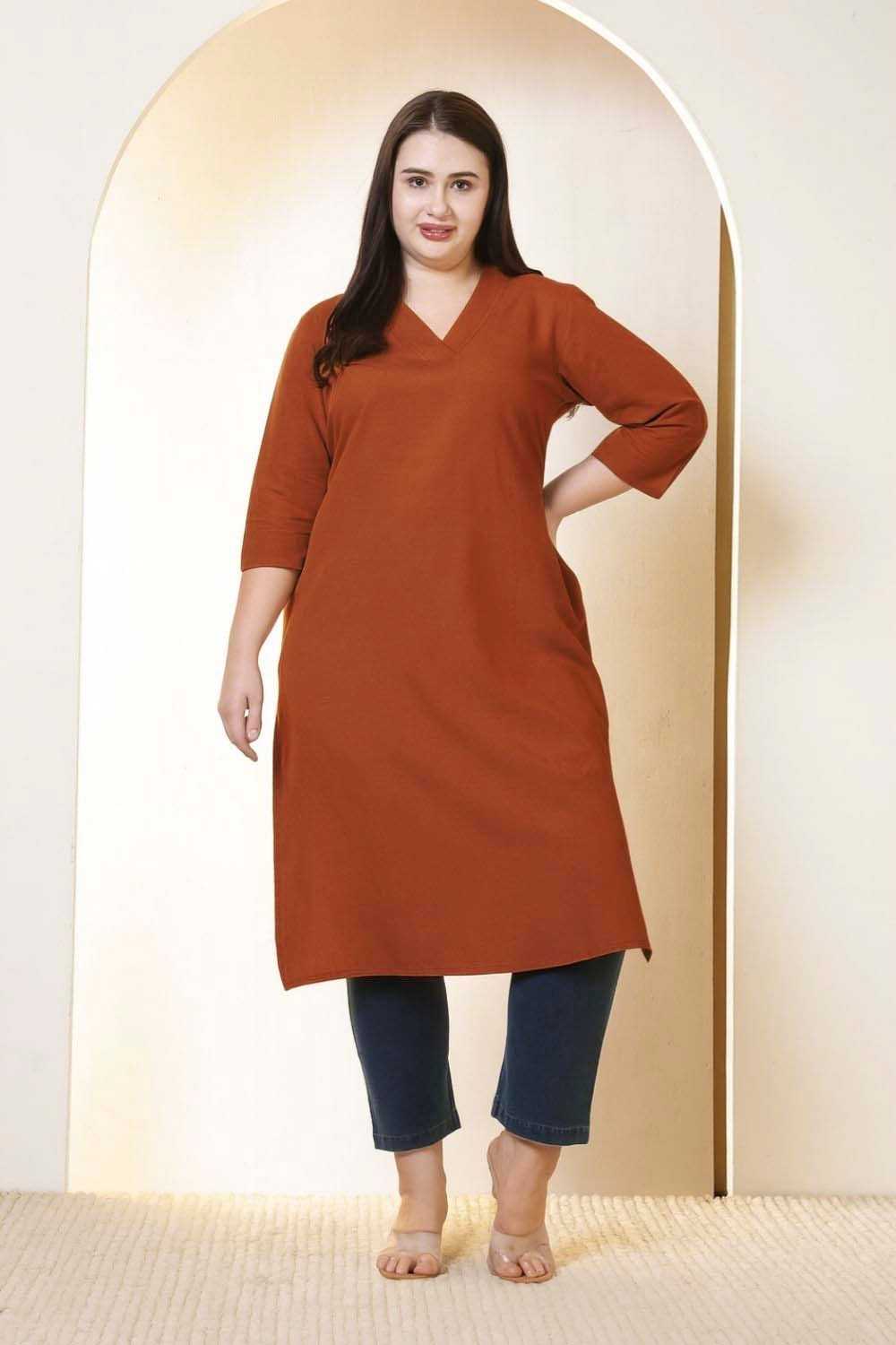 Plus Size Rust Brown V-Neck Cotton Linen V Neck Kurta