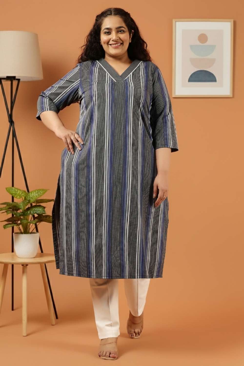 Plus Size Grey & Blue Striped Cotton V Neck Kurta