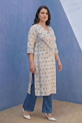 Plus Size Cream Mughal Floral Cotton V-Neck Kurta
