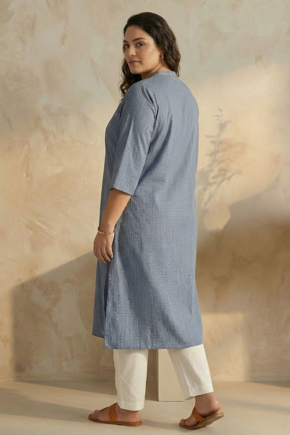 Plus Size Mid Blue Cross Weave Denim Cotton Kurta