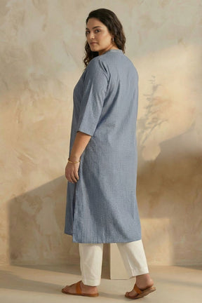 Plus Size Mid Blue Cross Weave Denim Cotton Kurta