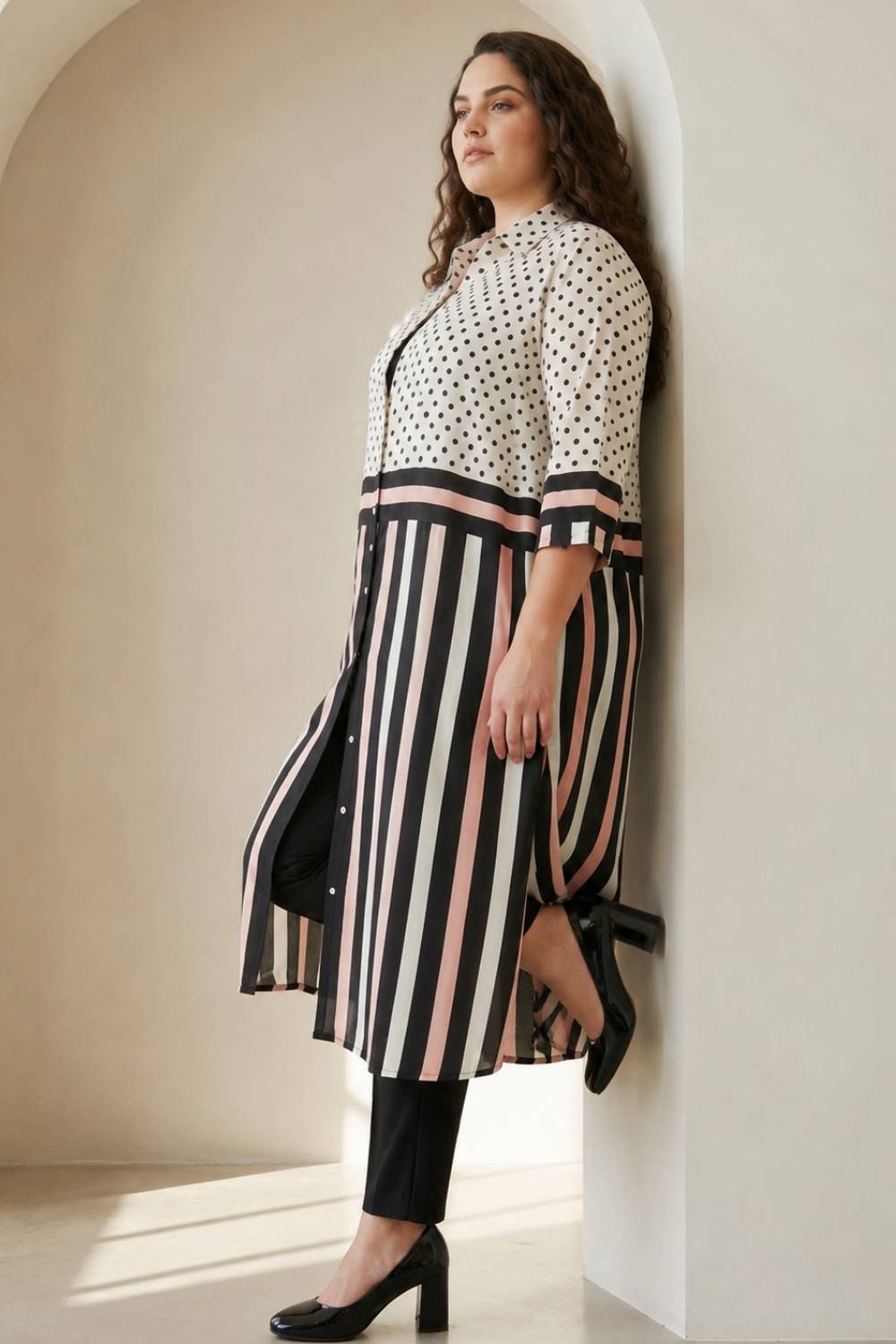 Plus Size Black Luxe Polka Stripes Kurta Cum Shrug