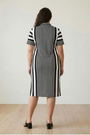 Black White Stripe Printed Polo Dress