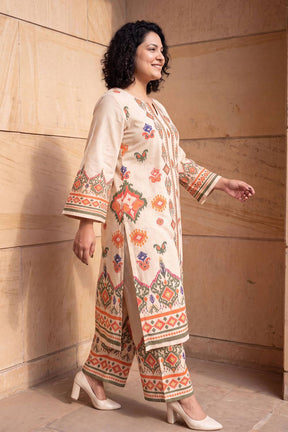 Plus Size Beige Ethnic Border Print Cotton Kurta Coord Set