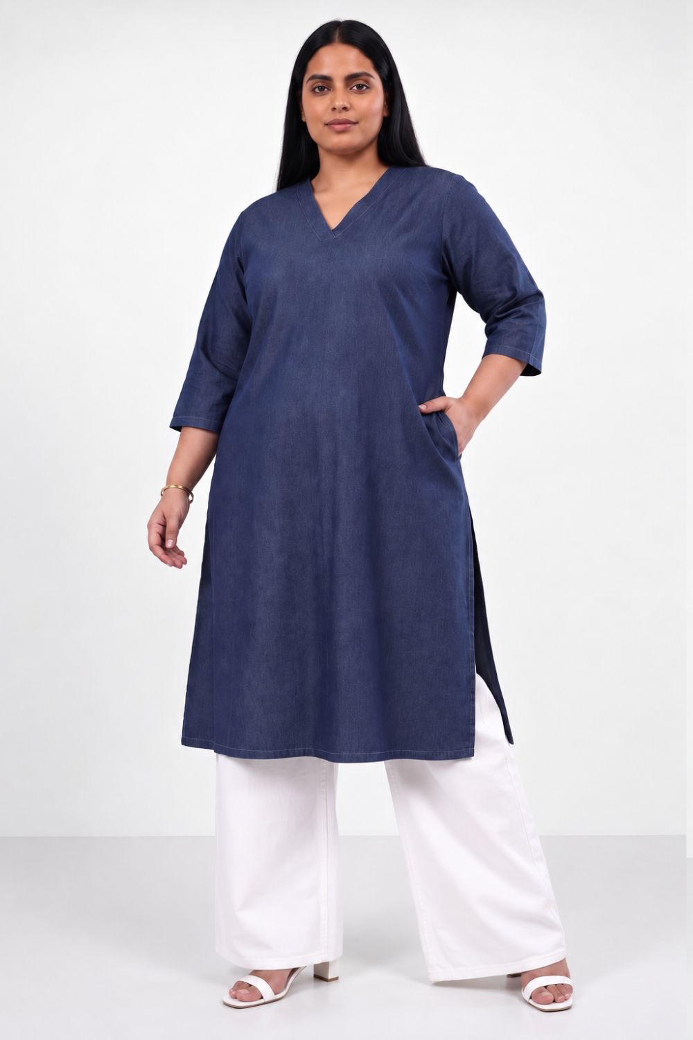 Plus Size Plus Size Denim Cotton V-Neck Kurta