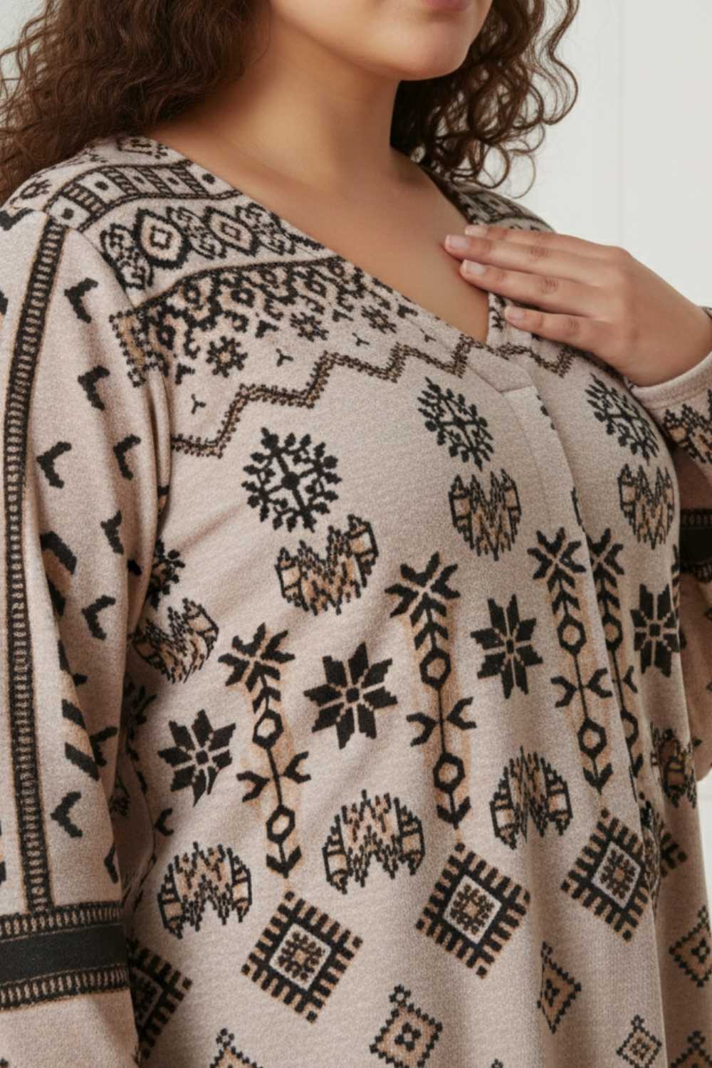 Plus Size Beige Printed V Neck SnugWeave™ Winter Top