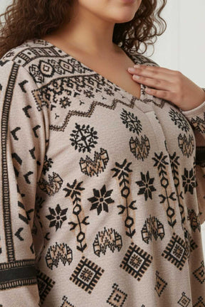 Plus Size Beige Printed V Neck SnugWeave™ Winter Top