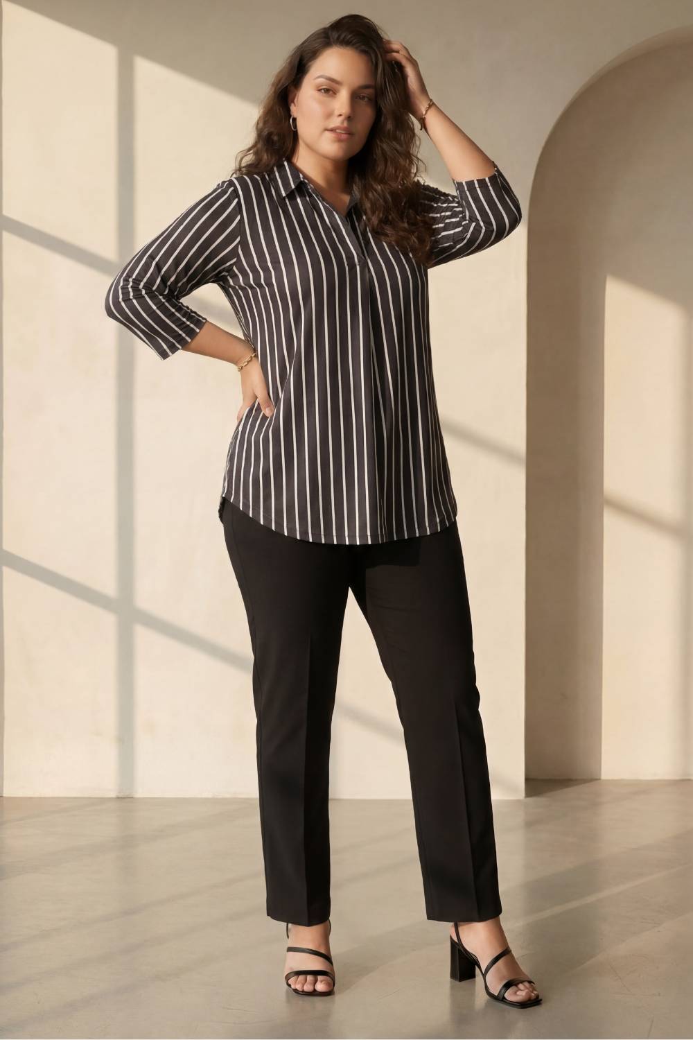 Plus Size Black Striped Centre Pleat Top