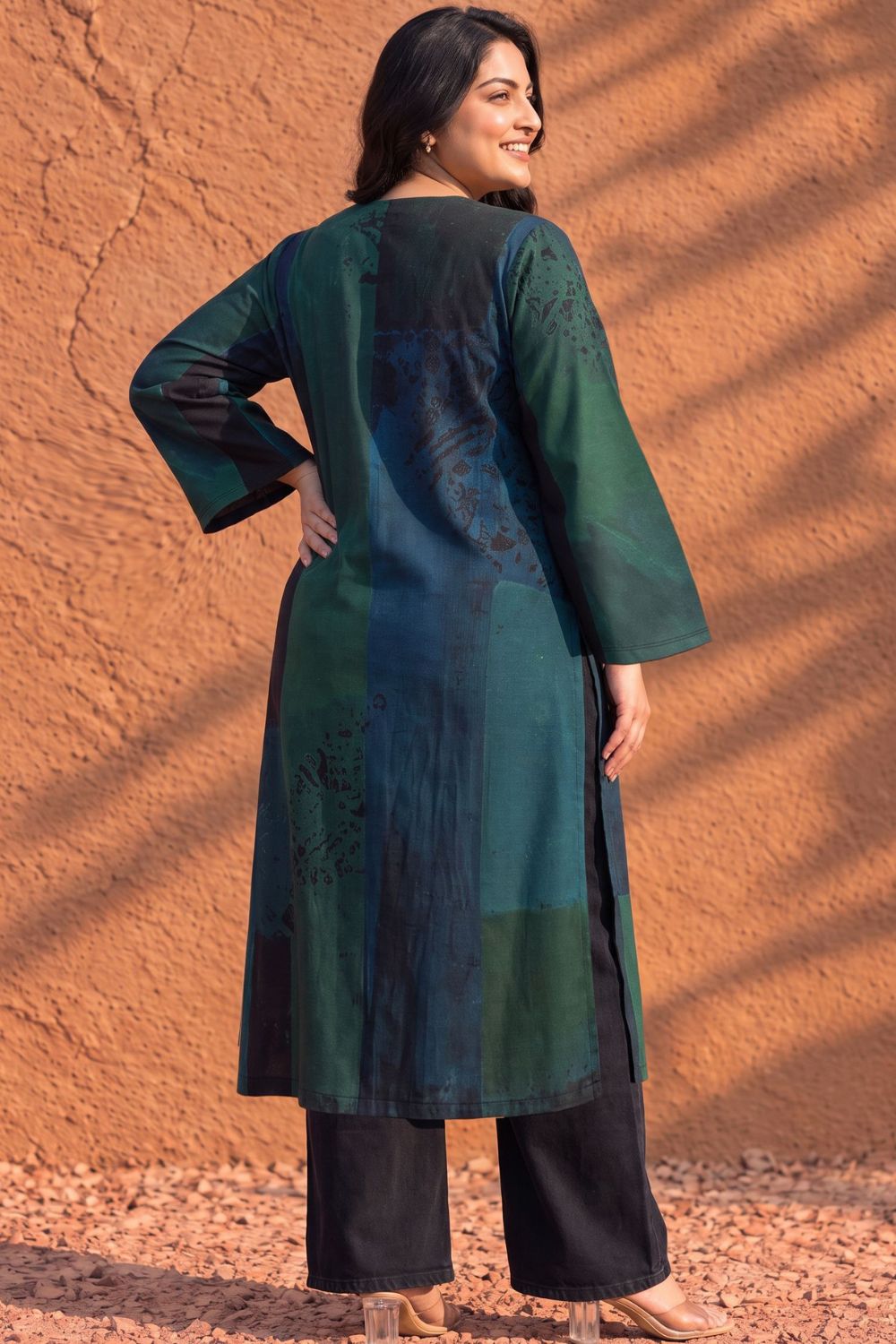Plus Size Teal Artistry Straight  SnugWeave™  Kurta for Women