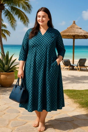 Plus Size Navy & Teal Polka Print Cotton Midi Dress