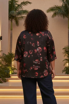 Plus Size Black Floral Print V-Neck Satin Top