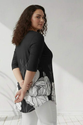Plus Size Black White Floral Print Centre Pleat Top
