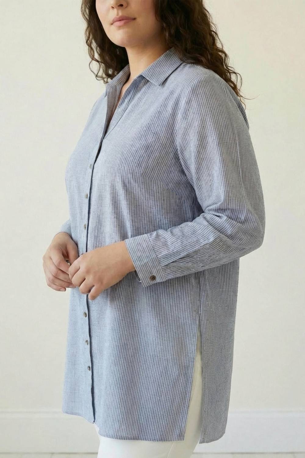 Plus Size Plus Size Blue Chambray Pinstripe High Slit Longline Shirt