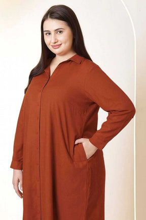 Plus Size Rust Brown Cotton Linen Shirt Dress