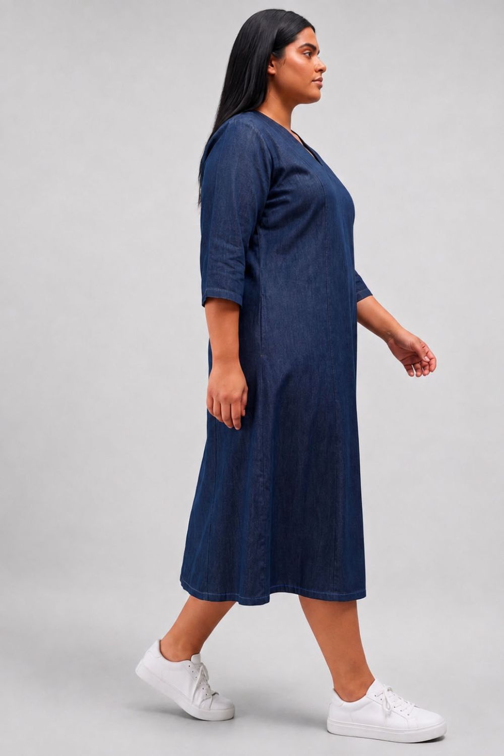 Plus Size Indigo Blue Denim Cotton A-Line Dress for Women