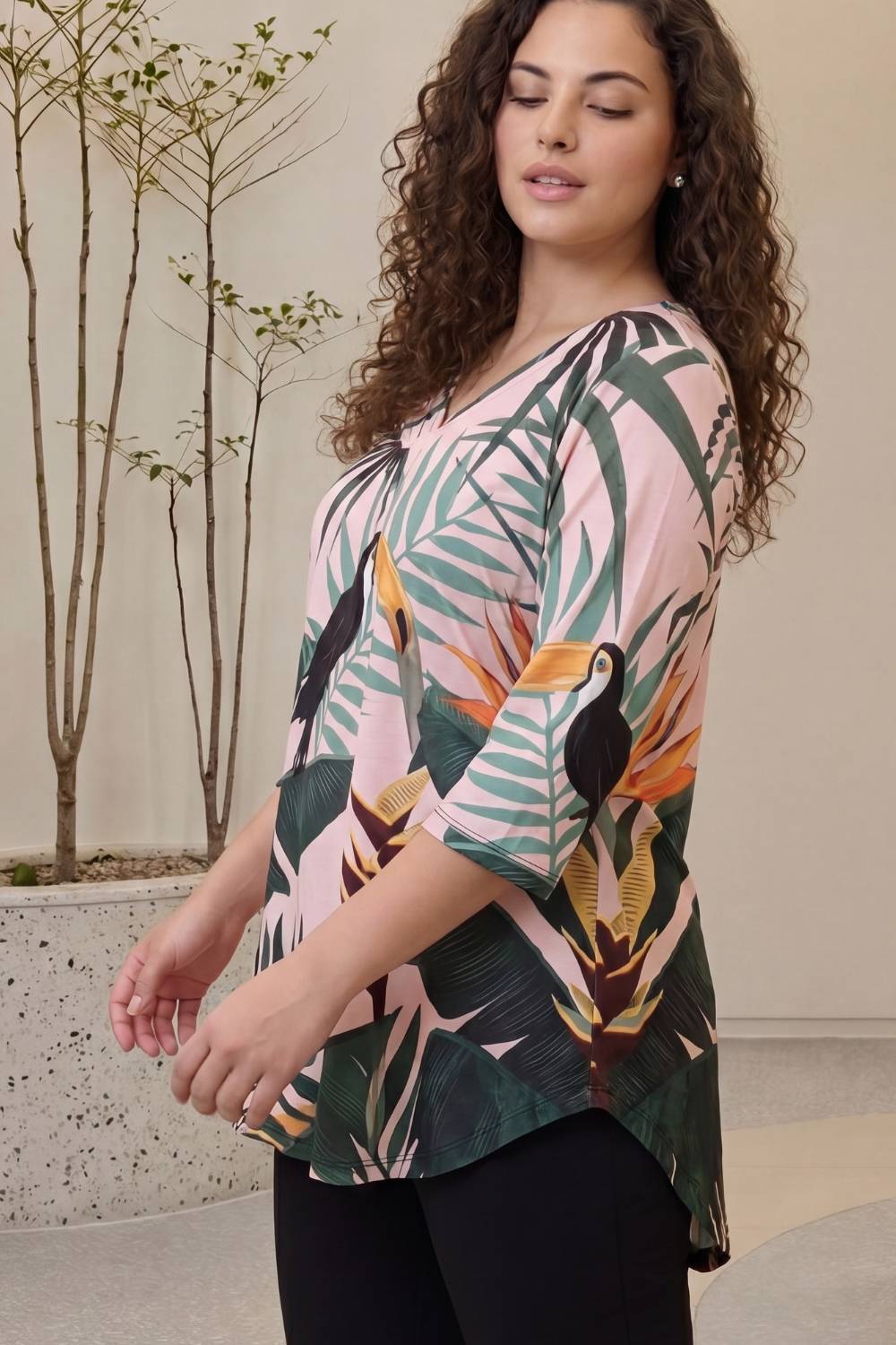 Plus Size Plus Size Pink Tropical Print Centre Pleat Top