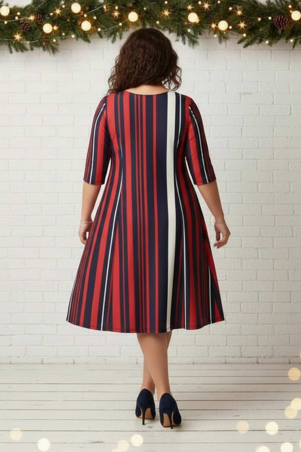 Plus Size Red Blue Striped A line Dress for Women