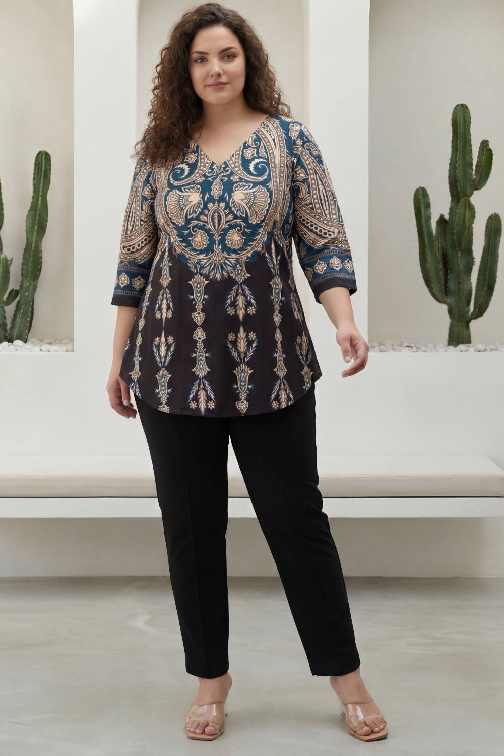Plus Size Plus Size Black Luxe Ethnic Print Centre Pleat Top