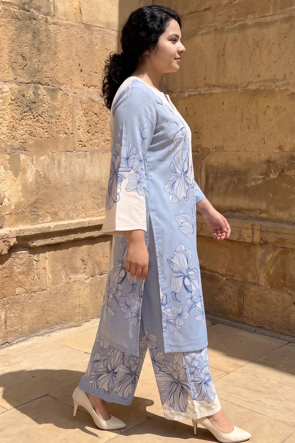 Plus Size Blue Floral Print Cotton Kurta Coord Set for Women