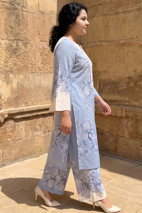 Plus Size Blue Floral Print Cotton Kurta Coord Set