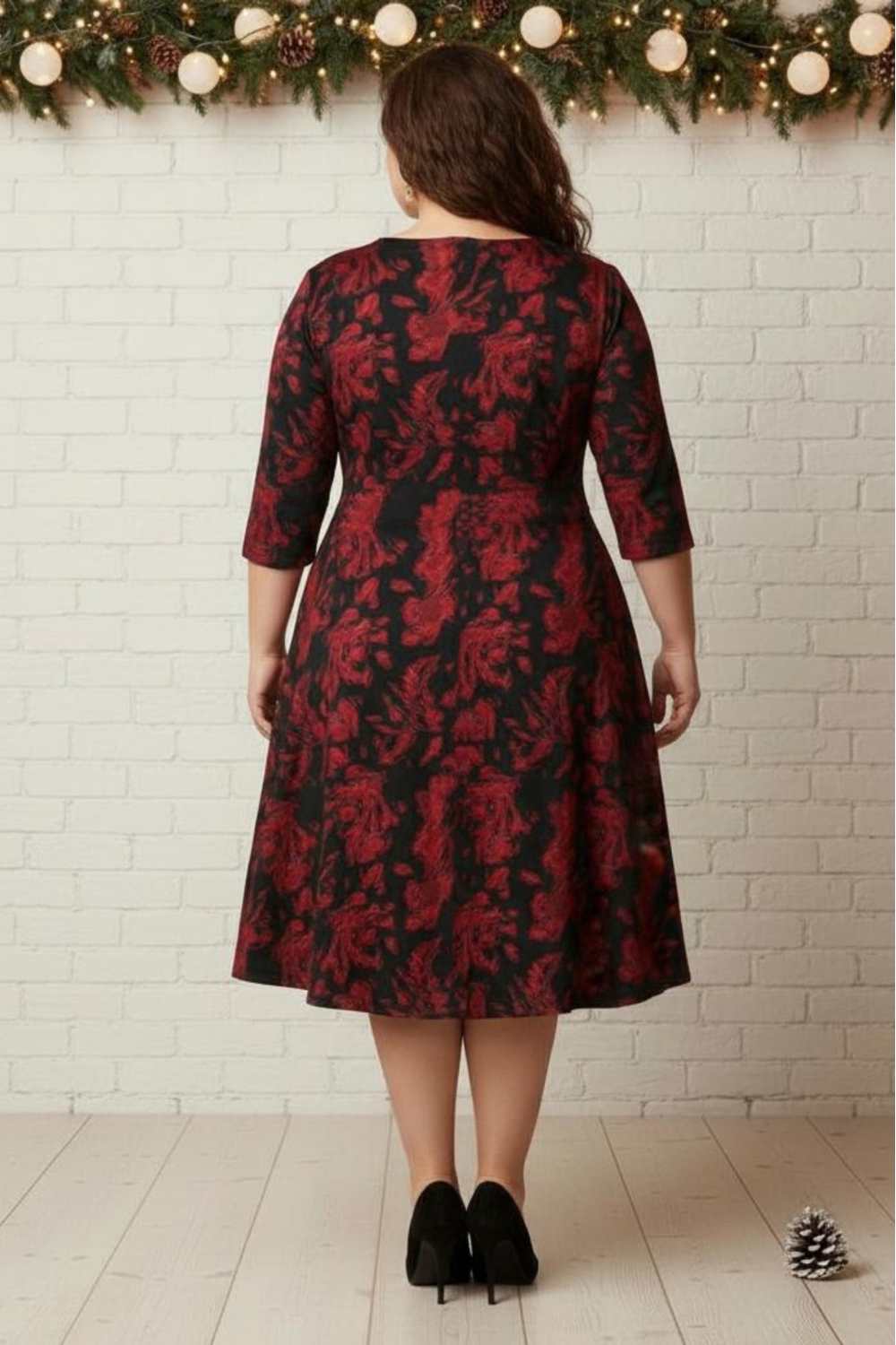Comfortable Plus Size Red Floral A Line SnugWeave™ Winter Dress