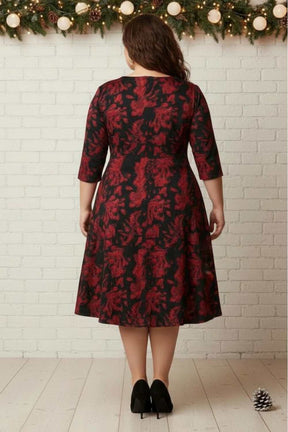 Plus Size Red Floral A Line SnugWeave™ Winter Dress