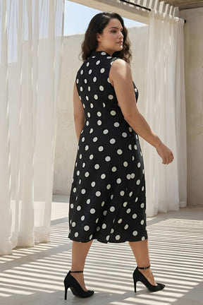Plus Size Black Polka Print Sleeveless Rayon Midi Dress