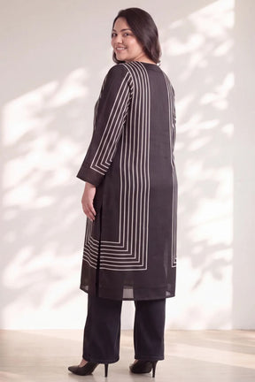Plus Size Black Geometric Stripe Print Satin Georgette Kurta