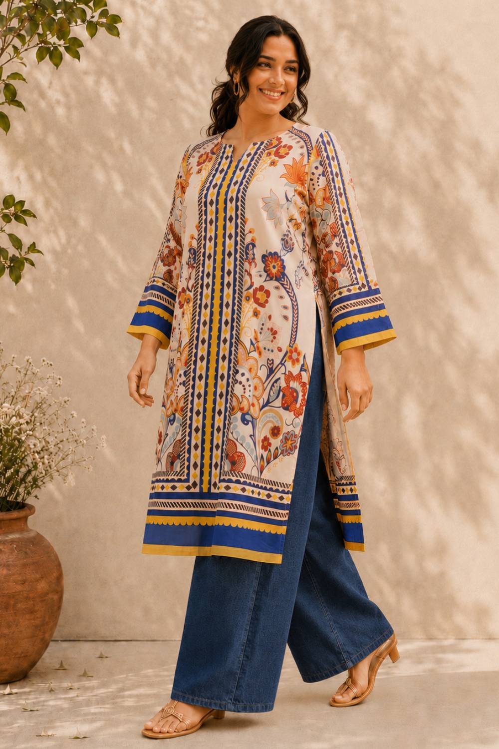 Plus Size Plus Size Beige Ethnic Floral Print Cotton Kurti