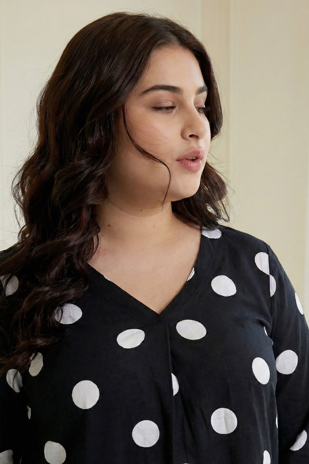 Plus Size Plus Size Black Polka Print V Neck Rayon Top