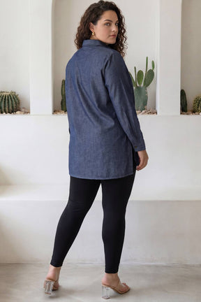 Plus Size Denim Cotton High Slit Longline Shirt