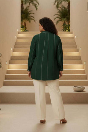 Plus Size Emerald Green Golden Pin Striped High Slit Longline Shirt