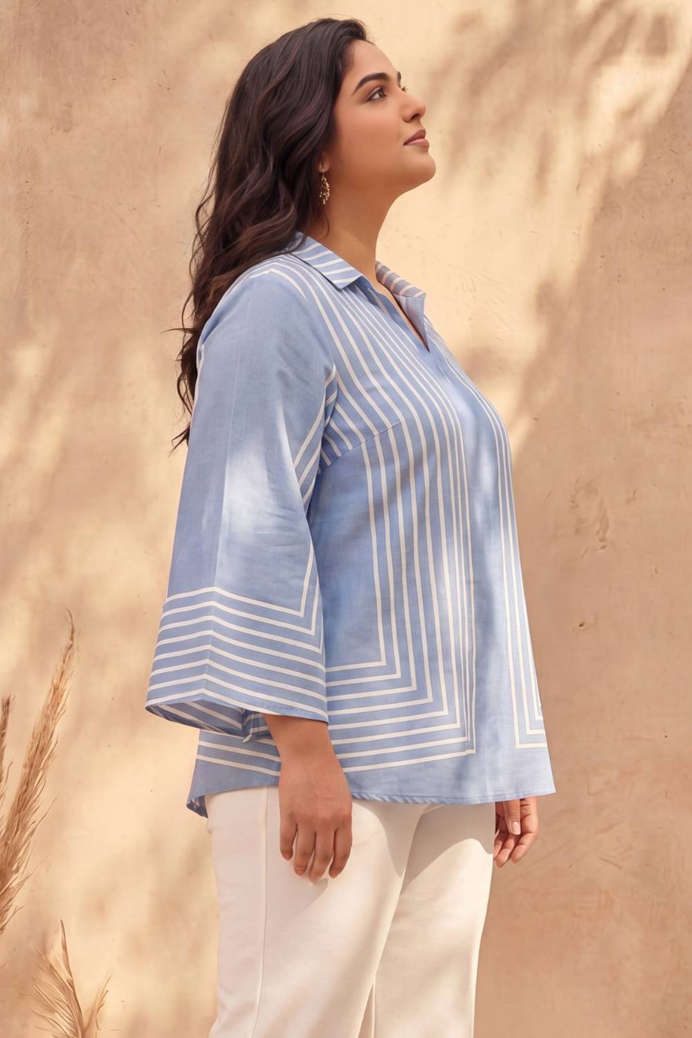 Plus Size Plus Size Blue Stripe Printed Cotton Top