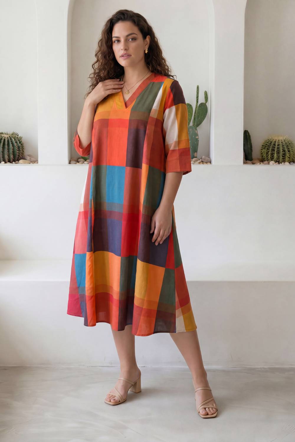 Checkered Breeze Plus Size Midi Dress