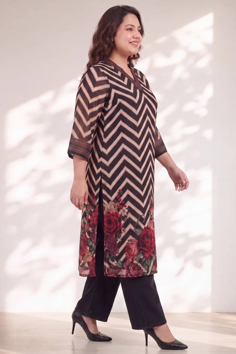 Plus Size Black Rose Chevron Print Kurta Satin Georgette Kurta