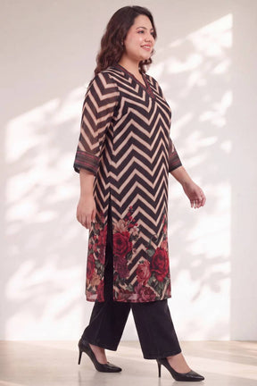 Plus Size Black Rose Chevron Print Kurta Satin Georgette Kurta
