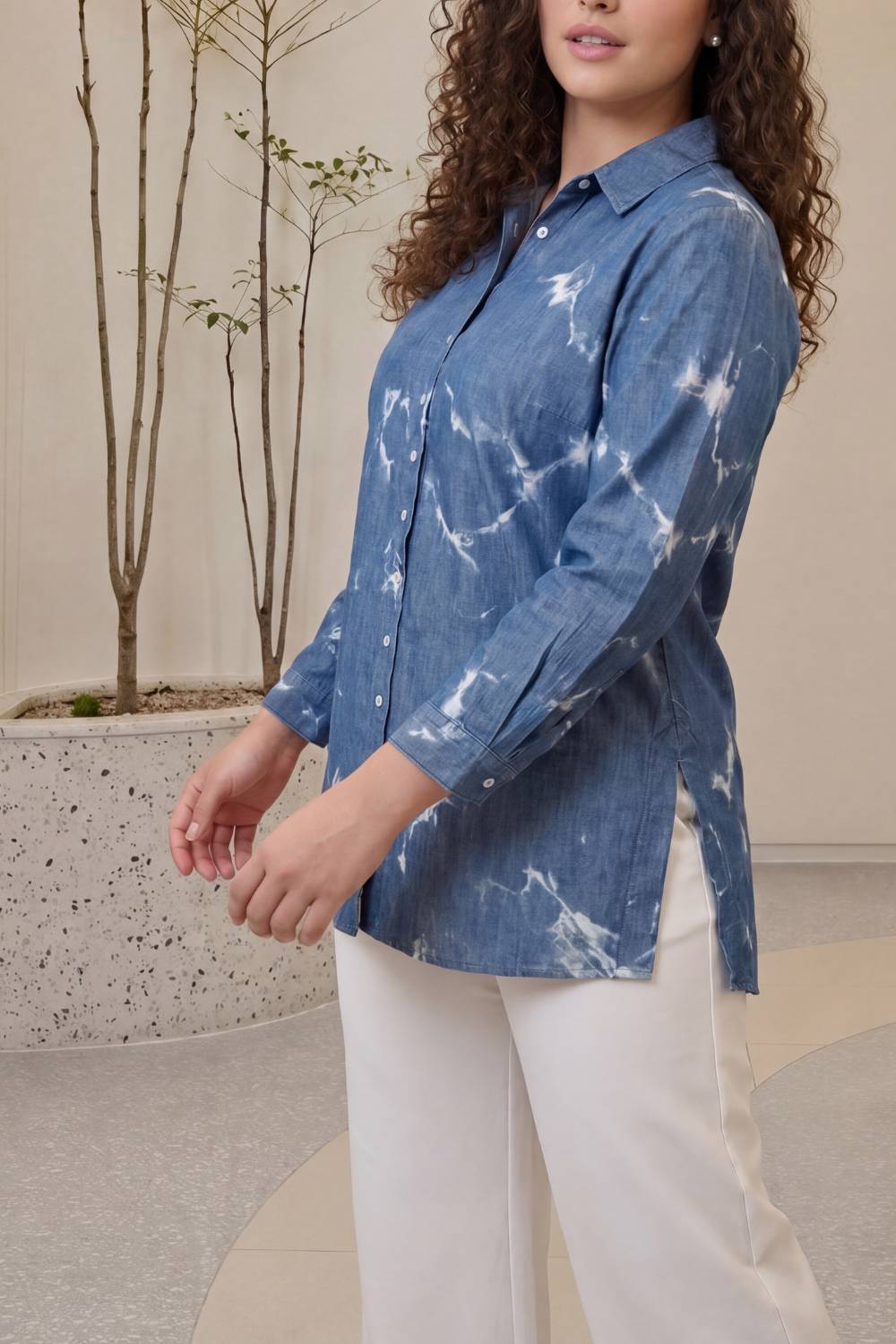 Plus Size Denim Cotton Shirt Marble Wash for Women